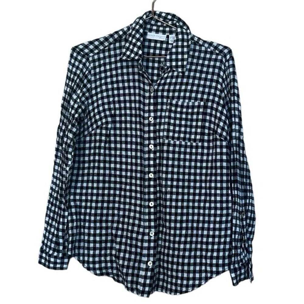Susan Graver Plaid Linen Blend Button Down Blouse